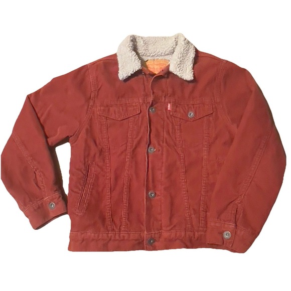 Levi's Corduroy Sherpa Lined Trucker Jacket Rust Youth Size Medium 10/12 - Picture 1 of 11